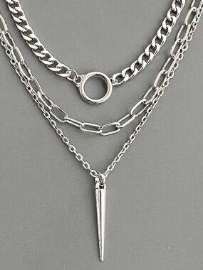 NEW, 3 pcs/set layered silver necklaces, SPIKE punk goth edgy